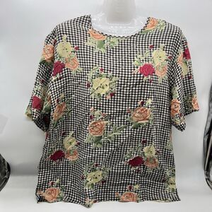 Vintage Robbie Bee Silk Gingham and Floral Print Shortsleeve Silk Top-Size L
